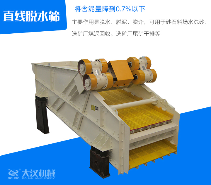 直線脫水篩主要作用是脫水、脫泥、脫介,可用于砂石料場水洗砂、 選礦廠煤泥回收、選礦廠尾礦干排等